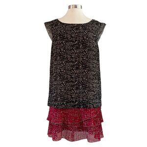 Kensie Animal Print Mini Dress Tan Black Red Shift Layered Pleated L